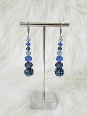 Blue Crystal Beaded Dangle Earrings Faceted Glass & Rhinestone Ball Drop